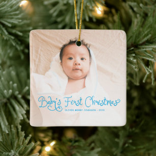 Ornement En Céramique Premier Noël de bébé Photo Bleue