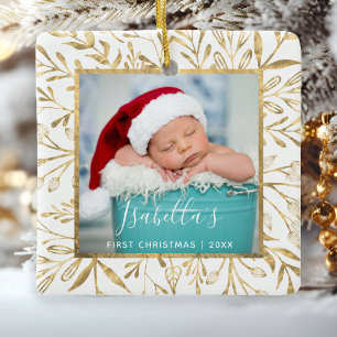 Ornement En Céramique Premier Noël de bébé Photo Feuillage Doré Blanc