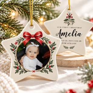 Ornement En Céramique Premier Noël de bébé Photo Naissance Statistiques 