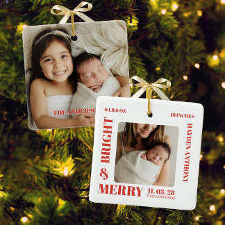 Ornement En Céramique Premier Noël de bébé Photo Rouge Joyeux & Lumineux