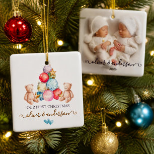 Ornement En Céramique Premier Noël de jumeaux Photo personnalisée