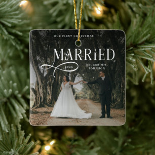 Ornement En Céramique Premier Noël de mariage photo de couple M. et Mme