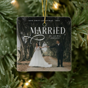 Ornement En Céramique Premier Noël de mariage photo de couple M. et Mme