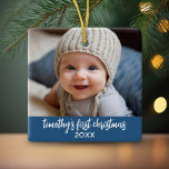 Ornement En Céramique Premier Noël du bébé - Simple bébé bleu garçon<br><div class="desc">Ajoutez une photo à ce joli ornement de vacances - parfait pour les bébés garçons. Une simple bordure bleu clair fait un ornement mémorable pour votre arbre. Une police minimale moderne pour l'année avec un endroit pour télécharger 1 photo horizontale.</div>