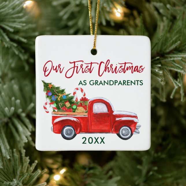 Ornement En Céramique Premier Noël en grand-parents Camion rouge vert (Arbre)