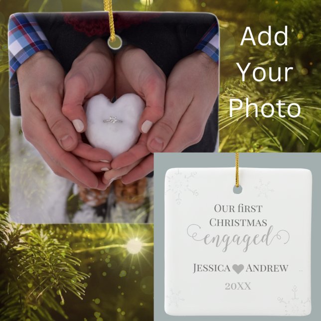 Ornement En Céramique Premier Noël Engagé Couple Photo Élégant (First Christmas Engaged Add your Photo and Easily Personalize the Back.)
