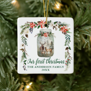 Ornement En Céramique Premier Noël Famille de cerfs floraux d'hiver vert