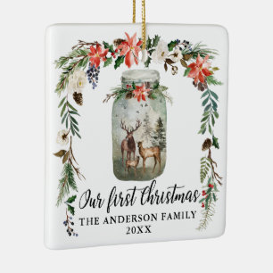 Ornement En Céramique PREMIER Noël Floral Deer Famille PHOTO RETOUR
