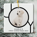 Ornement En Céramique Premier Noël Joie Cute Chiot Photo personnalisée<br><div class="desc">Le premier ornement photo de Noël de ce Chien Chien Coquelicot est décoré du mot JOY en noir et blanc. Facilement personnalisable avec la photo,  le nom et l'année de votre animal.</div>