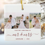 Ornement En Céramique Premier Noël M. et Mme 3 Photo Rouge Script<br><div class="desc">Commémorez votre premier Noël en tant que nouveau mariés avec ce magnifique ornement de gardiens moderne. Le texte rouge bordeaux dit "Notre premier Noël comme", avec les mots "mr & mrs" dans un élégant script d'écriture manuscrite avec des fioritures avant et après. Remplacez les trois exemples d'images par vos photos...</div>