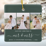 Ornement En Céramique Premier Noël M. et Mme 3 Script photo vert<br><div class="desc">Commémorez votre premier Noël en tant que nouveau mariés avec ce magnifique ornement de gardiens moderne. Le texte blanc dit "Notre premier Noël comme", avec les mots "m & mrs" dans un élégant script d'écriture manuscrite avec des fioritures avant et après. Remplacez les trois exemples d'images par vos photos verticales...</div>