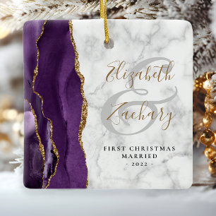 Ornement En Céramique Premier Noël Marié Agate Marbre Or