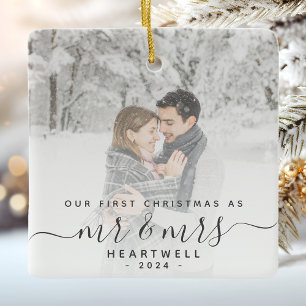 Ornement En Céramique Premier Noël mariés personnalisé photo gris script