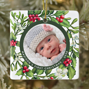 Ornement En Céramique Premier Noël Mistletoe Wreath Custom Baby Photo