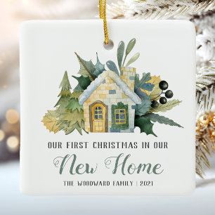 Ornement En Céramique Premier Noël Nouvelle Maison Aquarelle Maison Vert