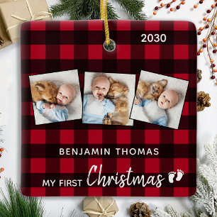 Ornement En Céramique Premier Noël Rouge Buffalo Plaid 3 Photo Baby