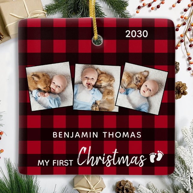 Ornement En Céramique Premier Noël Rouge Buffalo Plaid 3 Photo Baby (Créateur téléchargé)