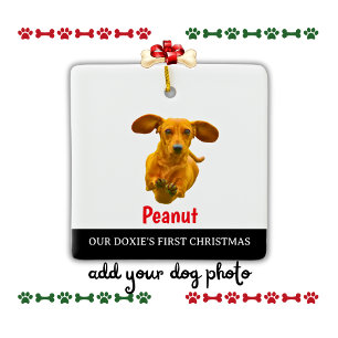 Ornement En Céramique Premier nom photo de Noël de notre Doxie