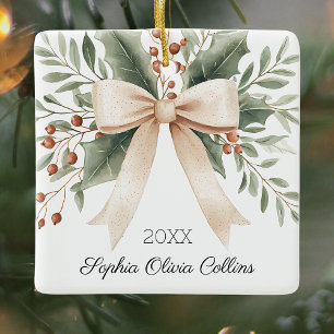 Ornement En Céramique Première boue d'aquarelle de Noël du petit-enfant 