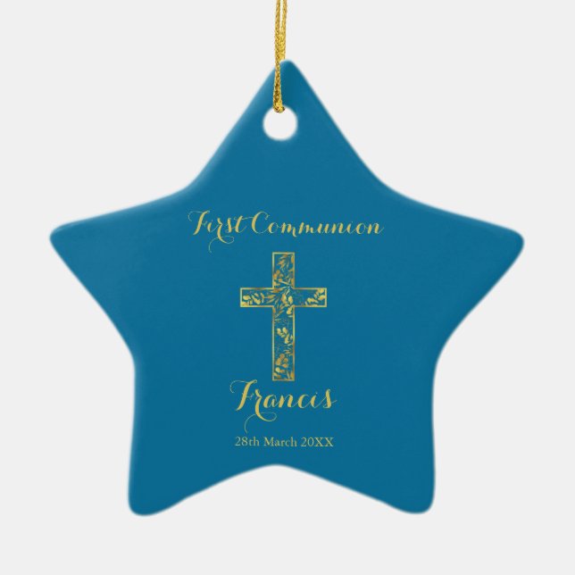 Ornement En Céramique Première communion bleu croix d'or (Devant)