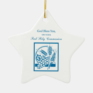 Ornement En Céramique Première communion du petit-fils Bleu, Blé, Raisin