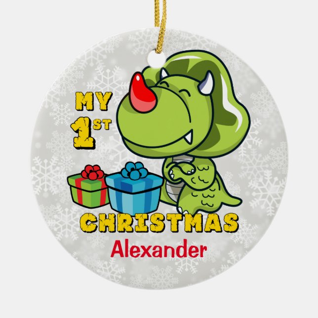 Ornement En Céramique Première coutume de dinosaure de Noël (Devant)