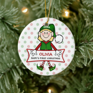 Ornement En Céramique Première fille elfe de Noël du bébé
