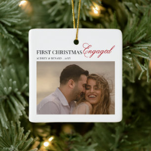 Ornement En Céramique Première Noël Fiancés Texte Couple Photo
