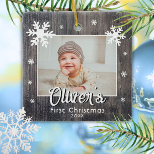 Ornement En Céramique Première photo de Noël de bébé rustique en bois Fl