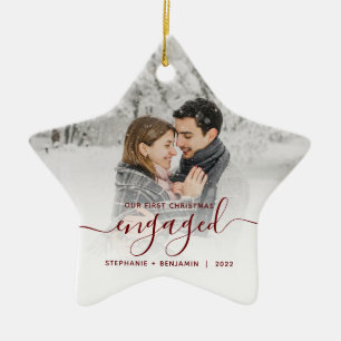 Ornement En Céramique Première photo de Noël de fiançailles Script borde