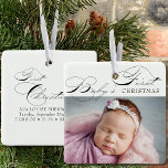 Ornement En Céramique Première photo de Noël du bébé Élégante calligraph<br><div class="desc">Le premier ornement photo de Noël du bébé que vous pouvez personnaliser avec votre photo préférée et le libellé personnalisé au dos. Elégant design typographique avec le premier Noël de Baby en calligraphie tourbillonnant et imprimé classique.</div>
