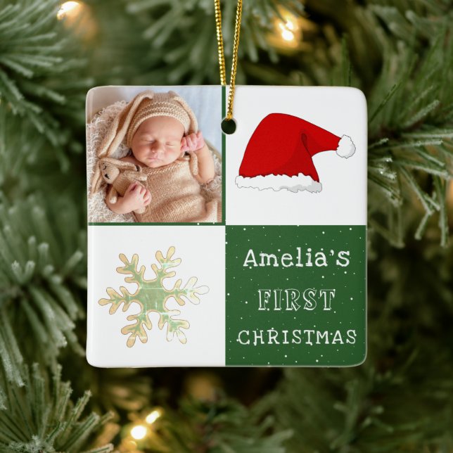 Ornement En Céramique Première photo de Noël du bébé Snowflake de chapea (Arbre)