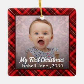 Ornement En Céramique Première photo de nouveau-né de Noël du bébé rouge