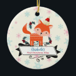 Ornement En Céramique Première Renard Orange De Noël À Santa Hat Personn<br><div class="desc">Un joli ornement de Noël pour le premier Noël de bébé avec une touche rétro. Illustration d'un renard orange mignon, portant un chapeau de santa rouge entouré de décorations saintes de Noël. Un doux petit animal de forêt festif. Une bannière fantaisie pour customiser avec un nom et une année. L'arrière...</div>