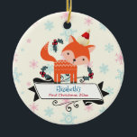 Ornement En Céramique Première Renard Orange De Noël À Santa Hat Personn<br><div class="desc">Un joli ornement de Noël pour le premier Noël de bébé avec une touche rétro. Illustration d'un renard orange mignon, portant un chapeau de santa rouge entouré de décorations saintes de Noël. Un doux petit animal de forêt festif. Une bannière fantaisie pour customiser avec un nom et une année. L'arrière...</div>