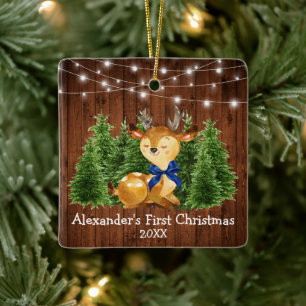 Ornement En Céramique Premières lumières de Noël de bébé Cerf Bleu Nœud