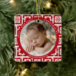 Ornement En Céramique Premiers Noël Grands-parents Plaid Rouge Statistiq