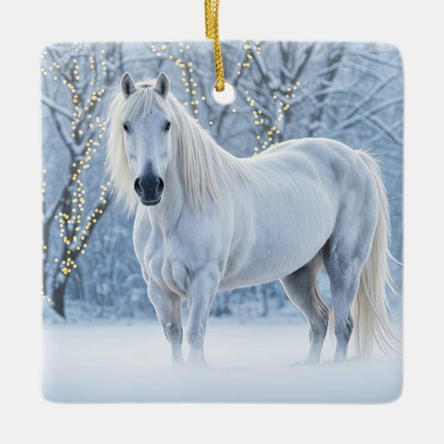 Ornement En Céramique Pretty Christmas White Horse Snow Lights (Devant)