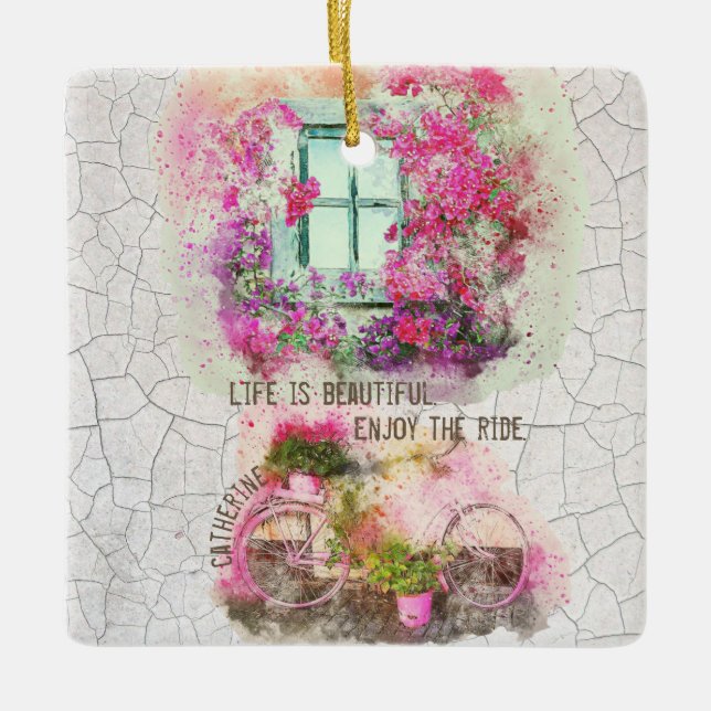 Ornement En Céramique Profitez De La Promenade | Vélo Aquarelle Avec Fle (Devant)