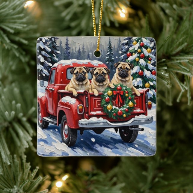 Ornement En Céramique Pug Christmas Red Truck Holiday (Arbre)