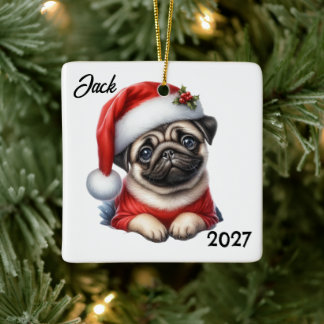 Ornement En Céramique Pug de Noël mignon personnalisé en Père Noël