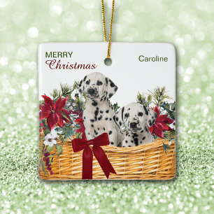 Ornement En Céramique Puppies de Dalmatie Poinsettia Panier de Noël
