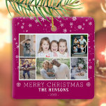 Ornement En Céramique Purple Christmas Family 6 Photo Collage<br><div class="desc">Violet Famille de Noël 6 Photo Collage Ornement en céramique. Joli design moderne de Noël avec un motif de flocon de neige sur violet, 6 photos, joyeux souhait de Noël, nom de famille et année. Ajoutez 6 photos préférées et customisez le texte. Bon souvenir de Noël ou cadeau pour votre...</div>