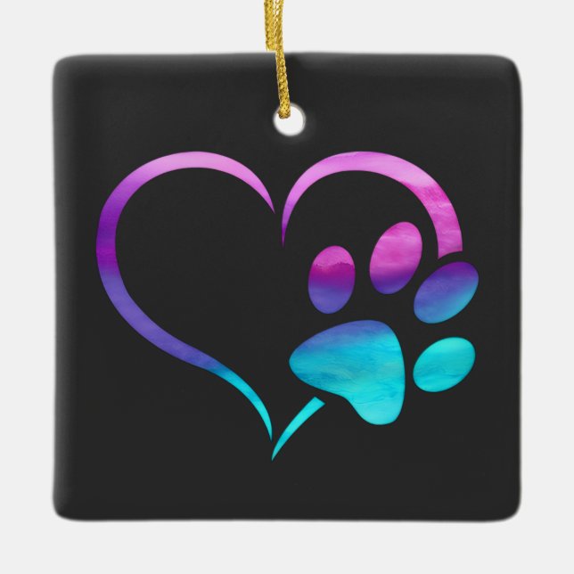 Ornement En Céramique Purple Cyan Dog paw Print Heart  (Devant)