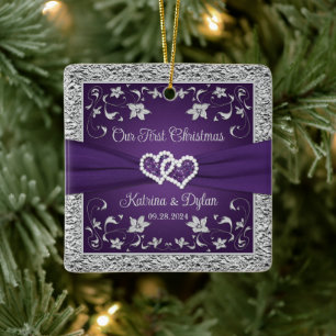 Ornement En Céramique Purple, Grey Love Hearts Mariage 1er Noël