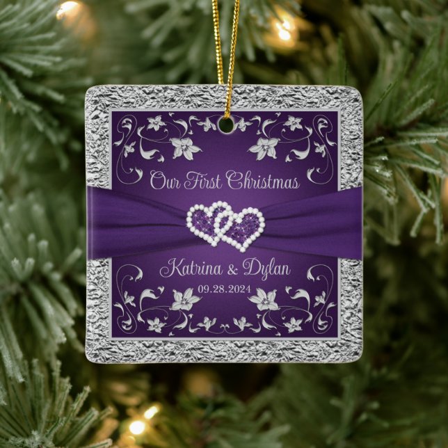 Ornement En Céramique Purple, Grey Love Hearts Mariage 1er Noël (Arbre)