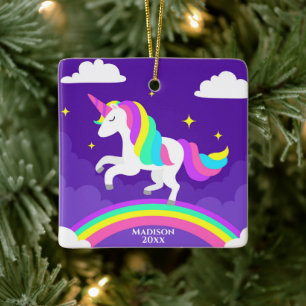 Ornement En Céramique Purple Rainbow Unicorn Personnalisé Année Magiqu