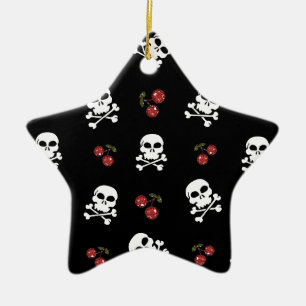 Ornement En Céramique RAB Rockabilly Skulls and Cherries on Black