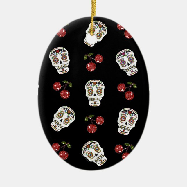 Ornement En Céramique RAB Rockabilly Sugar Skulls Cherries On Black (Devant)