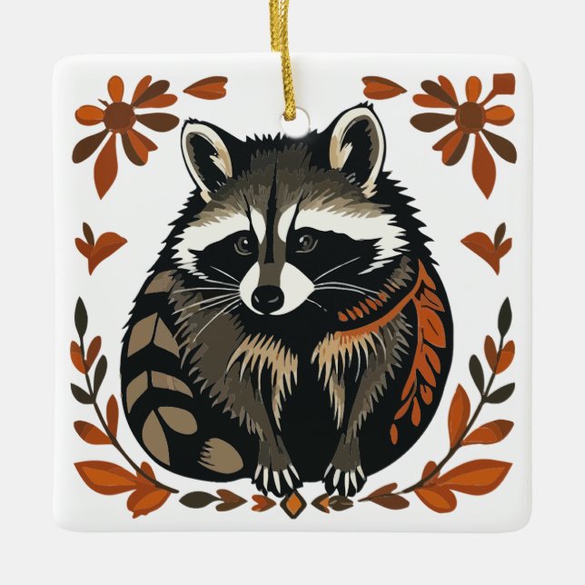 Ornement En Céramique Raccoon de Whimsical Woodland Animal Folk ou Triba (Devant)